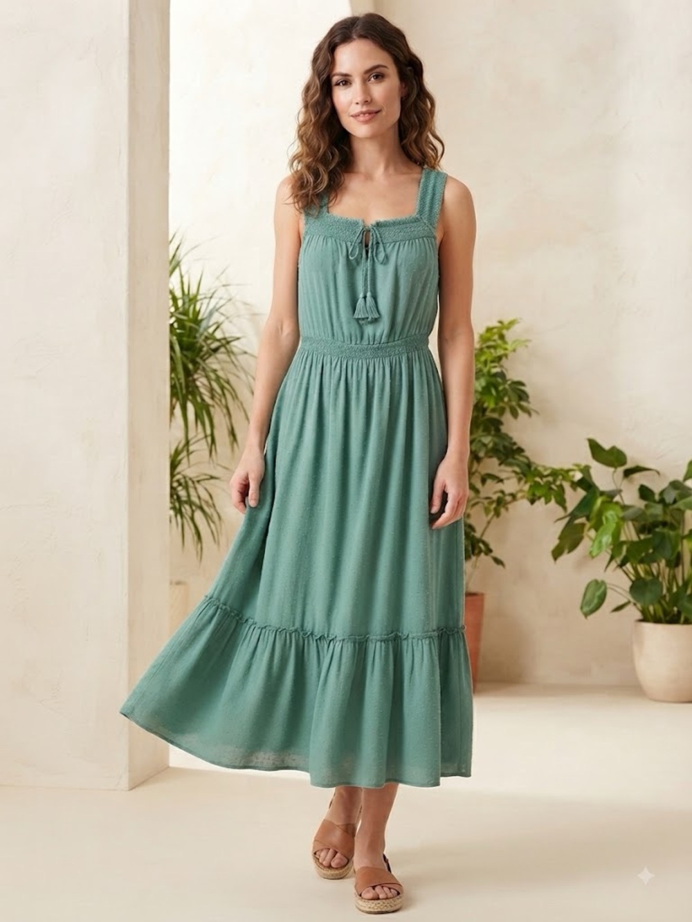 Sleeveless Smocked Cotton Square embroidered neckline tiered midi Dress